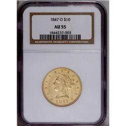 1847-O $10 AU55 NGC. A nicely struck New Orleans No Mo 1847-O[$10] AU55 NGC.