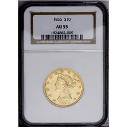1855 $10 AU55 NGC. This impressive No Motto example of 1855[$10] AU55 NGC.