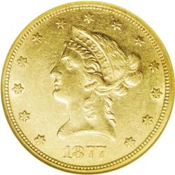 1877-S $10 AU55 NGC. A lightly circulated golden-brown 1877-S[$10] AU55 NGC.