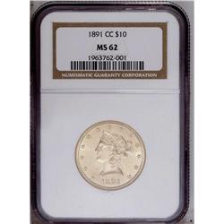 1891-CC $10 MS62 NGC. Potent luster, a distinctive str 1891-CC[$10] MS62 NGC.