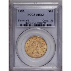 1892 $10 MS63 PCGS. A sharply struck and moderately ma 1892[$10] MS63 PCGS.
