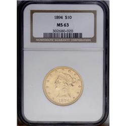 1894 $10 MS63 NGC. Attractive tan-gold patina visits b 1894[$10] MS63 NGC.