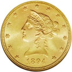 1894 $10 MS65 NGC. A dramatic condition rarity that is 1894[$10] MS65 NGC.