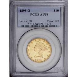 1895-O $10 AU58 PCGS. Luster dominates the borders but 1895-O[$10] AU58 PCGS.