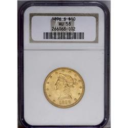 1896-S $10 AU58 NGC. Extensive bright luster, peach co 1896-S[$10] AU58 NGC.