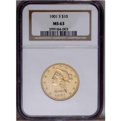 1901-S $10 MS63 NGC. A crisply struck and satiny Liber 1901-S[$10] MS63 NGC.