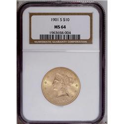 1901-S $10 MS64 NGC. Potent luster sweeps across clean 1901-S[$10] MS64 NGC.