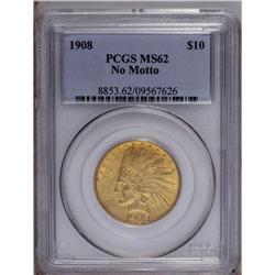 1908 $10 No Motto MS62 PCGS. A satiny lemon-gold repre 1908[$10] No Motto MS62 PCGS.