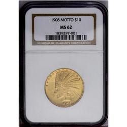1908 $10 Motto MS62 NGC. Apricot-gold surfaces display 1908[$10] Motto MS62 NGC.