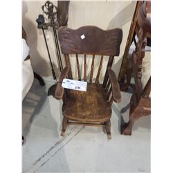 WOODEN CHILDRENS ROCKING CHAIR & FIREPLACE UTENSILS