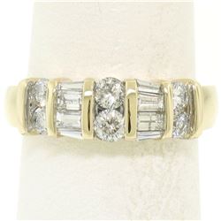 14K Solid Yellow Gold 1.14 ctw Bar Set Round & Baguette Diamond Band Ring Size 7