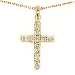 14k Rose Gold 0.75 ctw Round Brilliant Diamond Petite Cross Pendant w/ 16" Chain