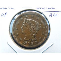 1846 Large 1c.  High Grade.  AU+.  Nice!
