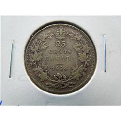 1934 Canada 25c.  Low Mintage.  VF.