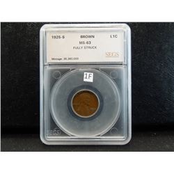 1925-S Lincoln 1c.  SEGS MS-63 Brown.  Fully Struck.