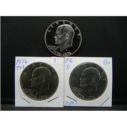 1976 Type 1, 1976-D Type 1, and 1976-S Type 1 clad Bicentennial Eisenhower Dollars.  P and D are nic