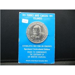 1974 Sterling Silver Turks and Caicos Churchill Commem 20 Crowns.  1.15 ounces of pure silver.   GEM