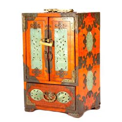 Chinese hardwood and jade jewelry box.