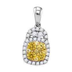 Round Yellow Diamond Cluster Pendant 3/4 Cttw 14kt White Gold