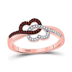 Round Red Color Enhanced Diamond Double Linked Heart Ring 1/6 Cttw 10kt Rose Gold