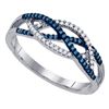 Image 1 : Round Blue Color Enhanced Diamond Crossover Band Ring 1/5 Cttw 10kt White Gold