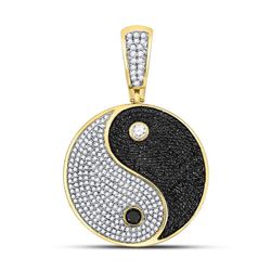 Mens Round Black Color Enhanced Diamond Yin Yang Charm Pendant 1-3/4 Cttw 10kt Yellow Gold