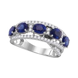 Round Blue Sapphire Diamond Fashion Band Ring 2-7/8 Cttw 18kt White Gold