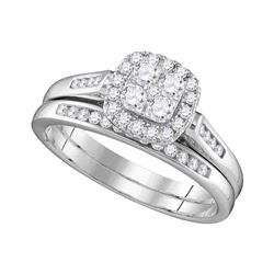 Diamond Cluster Bridal Wedding Engagement Ring Band Set 1/2 Cttw 14kt White Gold