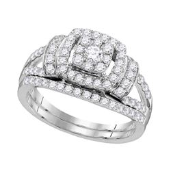 14kt White Gold Diamond Framed Cluster Bridal Wedding Engagement Ring Band Set 1.00 Cttw