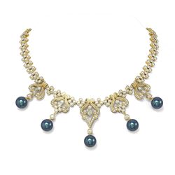 24 ctw Diamond and Pearl Necklace 18K Yellow Gold