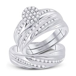 10kt White Gold His Hers Round Diamond Cluster Matching Bridal Wedding Ring Band Set 7/8 Cttw