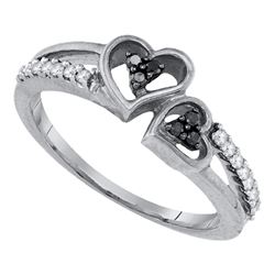 Sterling Silver Round Black Color Enhanced Diamond Double Heart Ring 1/5 Cttw