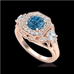 2.11 ctw Intense Blue Diamond Art Deco 3 Stone Ring 18K Rose Gold