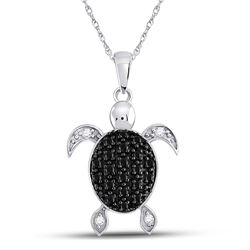 10kt White Gold Round Black Color Enhanced Diamond Turtle Tortoise Pendant 1/3 Cttw