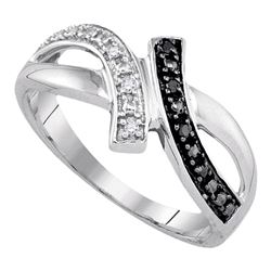 Sterling Silver Round Black Color Enhanced Diamond Bypass Crossover Band Ring 1/20 Cttw
