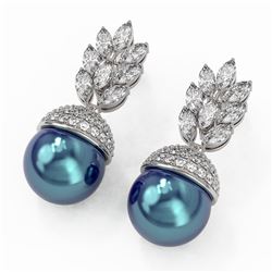 5.78 ctw Marquise Diamond and Pearl Earrings 18K White Gold