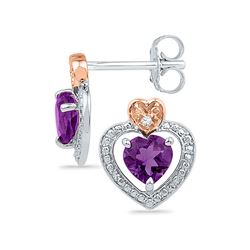 Sterling Silver Round Lab-Created Amethyst Diamond Heart Frame Earrings .01 Cttw