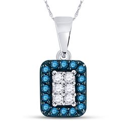 10kt White Gold Round Blue Color Enhanced Diamond Rectangle Frame Cluster Pendant 1/5 Cttw