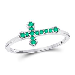 Sterling Silver Round Lab-Created Emerald Cross Religious Ring 1/8 Cttw