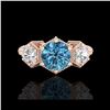 Image 2 : 1.66 ctw Intense Blue Diamond Art Deco 3 Stone Ring 18K Rose Gold