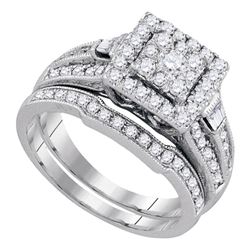 14kt White Gold Round Diamond Square Bridal Wedding Engagement Ring Band Set 1.00 Cttw