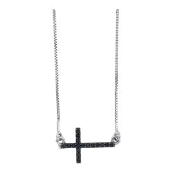 Sterling Silver Round Black Color Enhanced Diamond Horizontal Cross Necklace 1/10 Cttw