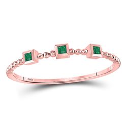 10kt Rose Gold Princess Emerald Beaded 3-stone Stackable Band Ring .03 Cttw