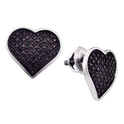 Sterling Silver Black Color Enhanced Diamond Heart Cluster Screwback Stud Earrings 1/4 Cttw
