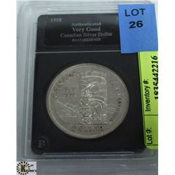 1958 CANADIAN SILVER DOLLAR- AUTHENTICATED