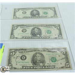 1985- U.S. $5 DOLLAR BILLS- SET OF THREE-