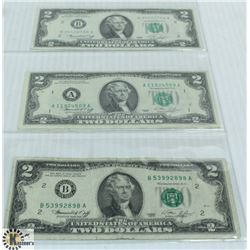 U.S. $1 DOLLAR BILLS- SET OF THREE-  1- 1969, 2-