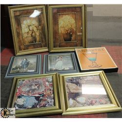 BOX OF DECORATIVE FRAMED PICTURES AND