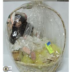 COLLECTIBLE PORCELAIN DOLL IN GIFT BASKET -