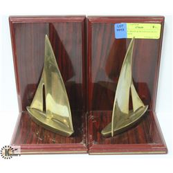 PAIR OF BRASS & WOOD SAILBOAT BOOKENDS 8" TALL